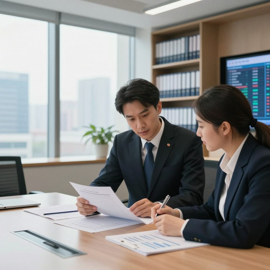 A professional career inspector of public finances in a modern office setting, focused on evaluating financial reports and discussing strategies with colleagues. In the foreground, show a well-dressed male and female inspector, both in business attire, engaged in a lively discussion over financial documents on a sleek conference table. In the middle, display a large window with views of a bustling cityscape, symbolizing opportunities and growth in public finance careers. The background features shelves filled with finance books and a digital screen displaying financial data, under soft, natural lighting that creates a bright, optimistic atmosphere. Capture the mood of collaboration and ambition, emphasizing the serious yet rewarding nature of a career in public finance.