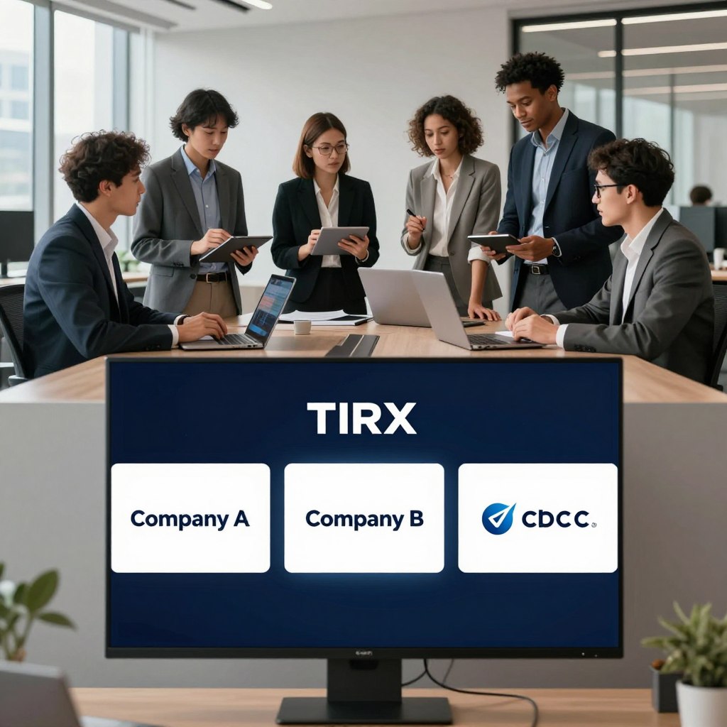 A professional comparison scene showcasing TIRX alongside similar companies in a modern office setting. In the foreground, display a sleek, digital screen with TIRX’s logo prominently featured, alongside the logos of competitor firms like Company A, Company B, and Company C, all in an elegant, minimalist design. The middle ground should feature a diverse group of professionals in business attire, engaged in discussion, analyzing data on tablets and laptops, with expressions of focus and collaboration. The background includes contemporary office decor with large windows and cityscape views, illuminated by soft, natural light streaming in. The atmosphere should convey productivity and innovation, emphasizing a dynamic corporate environment.