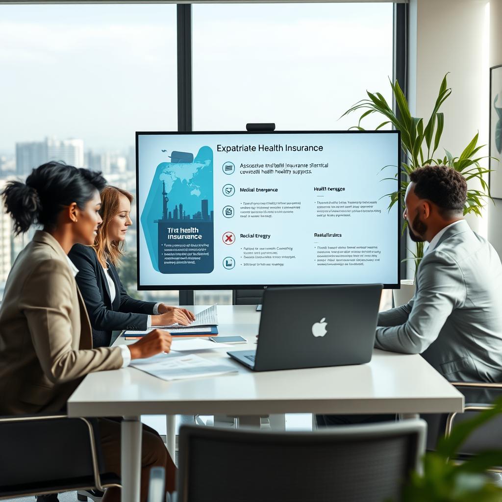 A professional expatriate health insurance consultation scene in an office setting. In the foreground, a diverse group of four individuals dressed in professional business attire engages in a discussion around a modern conference table, reviewing health insurance documents and laptops. In the middle, a large display screen features health insurance graphics and essential coverage options, like medical emergencies and repatriation. The background includes a large window with a panoramic city view and natural light streaming in, creating a bright and inviting atmosphere. Soft focus on the office decor, which includes indoor plants and modern artwork, adds to the welcoming ambiance. The mood is focused yet collaborative, illustrating the importance of expatriate health insurance for well-being.