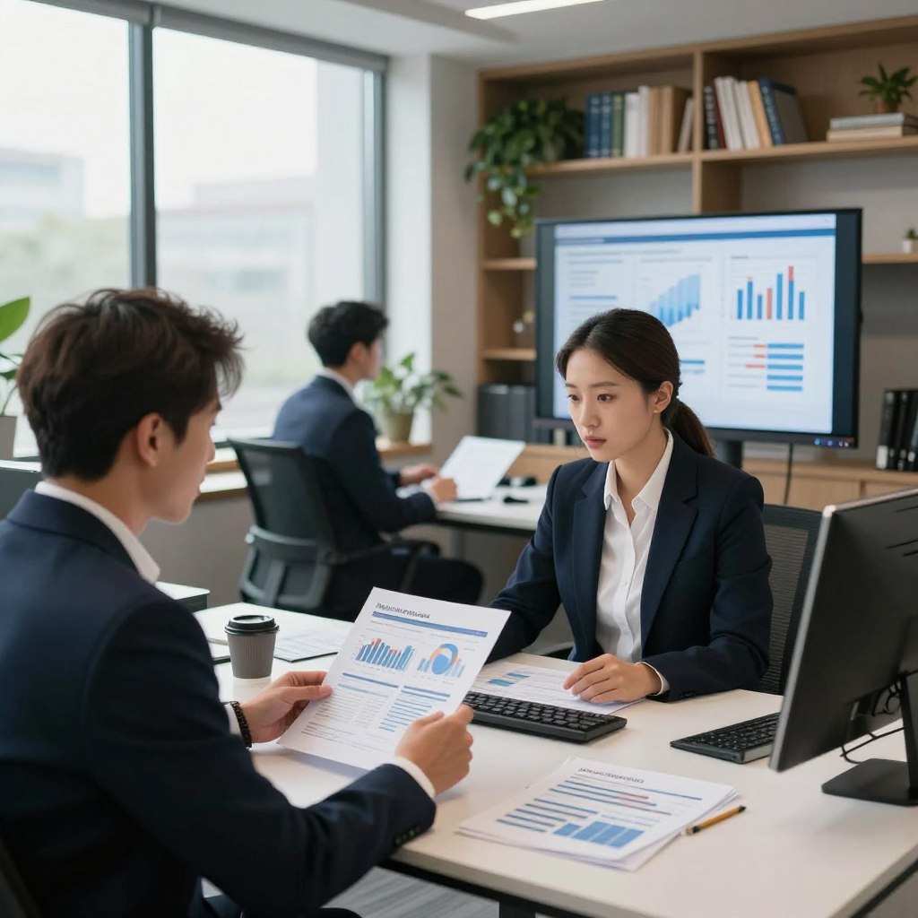 A professional finance controller at work, evaluating public finance documents in an office with a modern design. In the foreground, a focused individual in business attire reviews financial reports on a sleek desk, illuminated by soft, natural lighting from large windows. In the middle ground, a colleague is engaged in a discussion with another professional, both dressed in formal business attire, with charts and graphs displayed on a large screen. The background features bookshelves filled with finance literature and plants, creating a balanced and inspiring atmosphere. The scene should convey a sense of collaboration and professionalism, emphasizing the importance of public finance management. Use a wide angle to capture the workspace, ensuring depth and clarity.