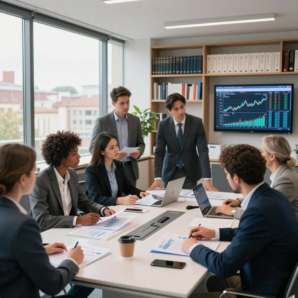 A professional finance office in Toulouse, featuring staff members engaged in collaborative work. In the foreground, a diverse group of personnel in business attire—men and women of various ethnicities—are gathered around a sleek conference table, reviewing documents and discussing financial strategies. In the middle ground, large windows flood the area with natural light, showcasing a glimpse of the cityscape outside. The background includes bookshelves filled with financial resources and a digital screen displaying financial graphs and data. The atmosphere is vibrant yet focused, emphasizing teamwork and professionalism. The lighting is bright and inviting, creating an engaging work environment that reflects the important role of the personnel in public finance services.