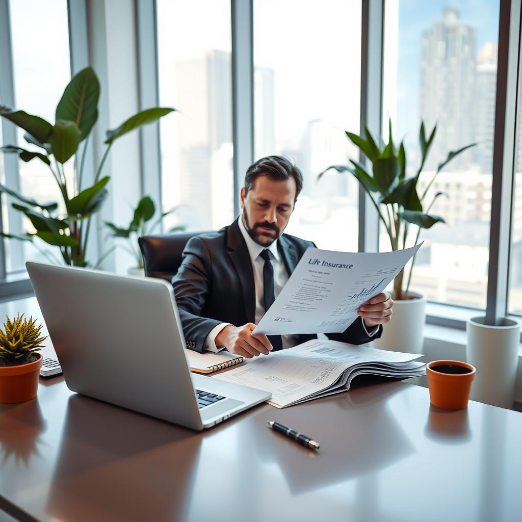 A professional financial advisor, dressed in smart business attire, is seated at a sleek, modern desk in a well-lit office space, analyzing a life insurance contract. The foreground features a neatly organized desk with a laptop displaying financial charts and a printed contract, surrounded by financial documents and a stylish pen. In the middle, the advisor is reviewing the contract, with a focused expression, surrounded by houseplants that add a touch of warmth. The background showcases large windows with natural light streaming in, revealing a cityscape view. The overall mood conveys diligence and professionalism, reflecting the careful management of a life insurance contract. The lighting is bright and inviting, emphasizing a sense of clarity and trust.