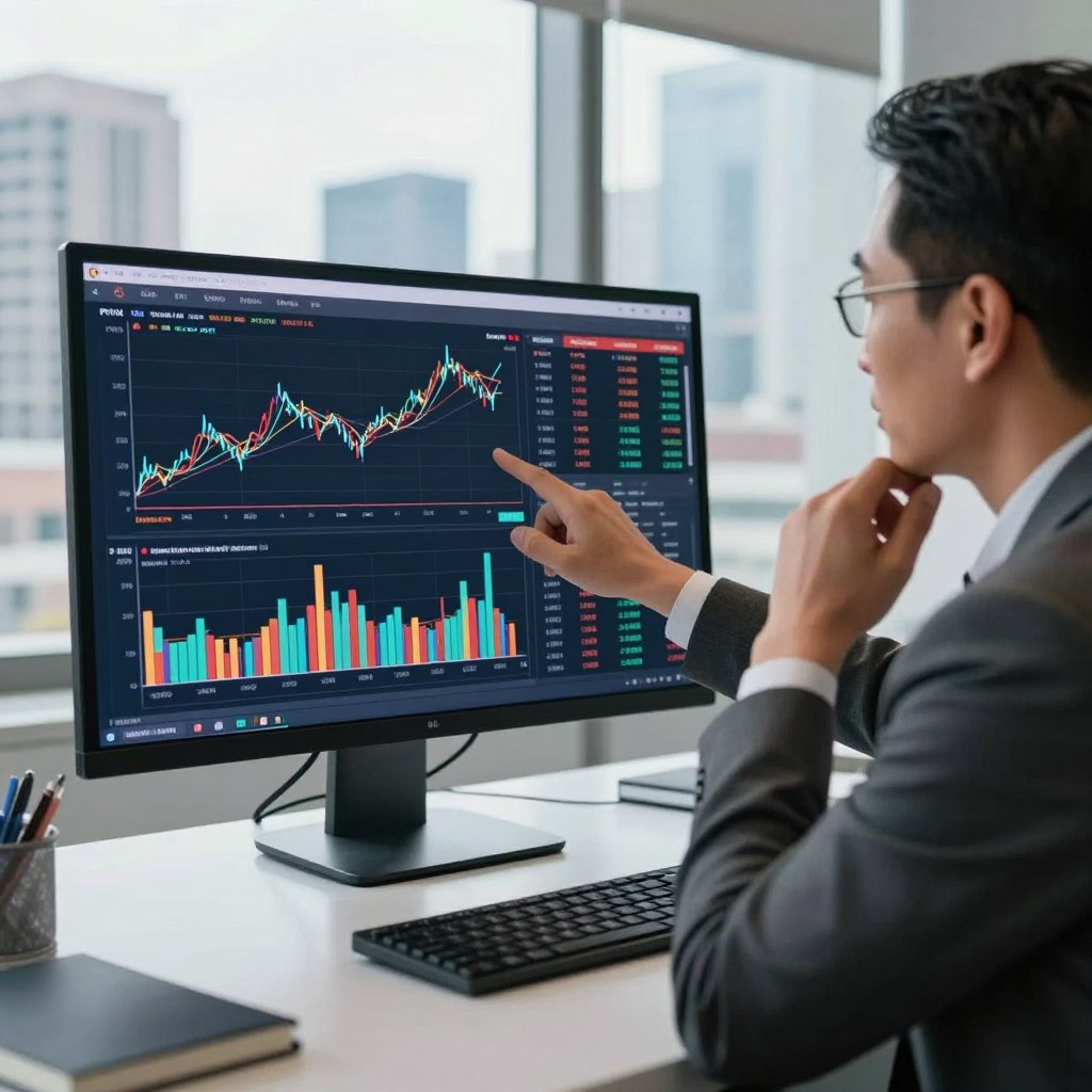 A professional financial advisor in a sleek, modern office setting, analyzing a digital screen displaying detailed PNL graphs and investment portfolios. The foreground features the advisor, a middle-aged person in business attire, deep in thought while pointing at the screen. In the middle ground, the screen shows colorful line charts, bar graphs, and data analytics, illustrating financial trends and portfolio performance. The background reveals a panoramic view of a bustling city skyline through large windows, with natural light flooding the room, creating a productive atmosphere. The overall mood is focused and energetic, conveying a sense of strategic planning and financial insight. The scene is shot from a slightly elevated angle, providing a comprehensive view of the workspace and the vibrant data on the screen.