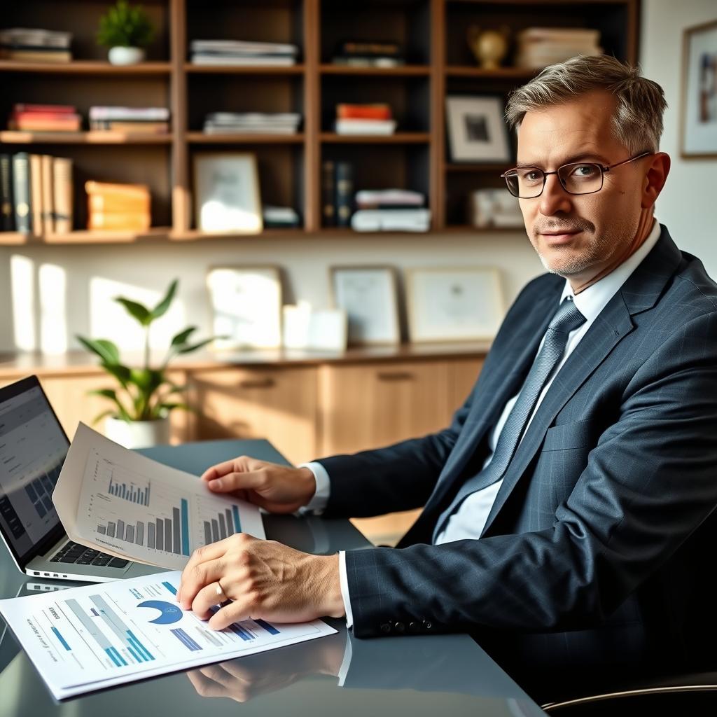 A professional financial advisor in a smart business suit is seated at a sleek, modern desk, reviewing a financial plan. The foreground features a close-up of documents and a laptop displaying charts and graphs related to insurance policies. In the middle ground, the advisor is pointing to key points on the documents, displaying expertise and focus. The background reveals a well-organized office with bookshelves filled with finance and insurance literature, framed certificates, and a potted plant for a touch of warmth. Soft, natural light streams in from a window, creating a calming atmosphere. The composition emphasizes trust, responsibility, and professionalism, capturing the essence of "financial protection" in a clear, engaging way.