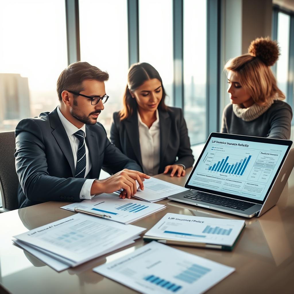 A professional financial advisor in a smart business suit, sitting at a sleek, modern desk, deeply engaged in discussing life insurance policy benefits with a diverse couple who are in modest casual attire. The foreground features financial documents and a laptop displaying graphs and charts related to tax advantages of life insurance in France. The middle ground captures the advisor pointing to a digital tablet showing a life insurance illustration, while the couple listens intently. The background includes a large window with natural sunlight streaming in, hinting at a bright city skyline, creating an atmosphere of hope and opportunity. Soft focus on the background enhances the warmth of the scene, emphasizing the connection between financial planning and personal security.