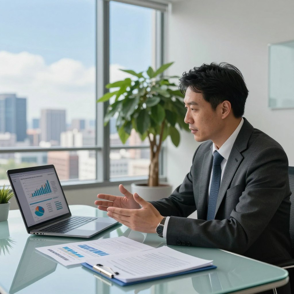 A professional financial advisor in business attire is sitting at a sleek glass table, engaged in a discussion about life insurance. In the foreground, various financial documents and a laptop display graphs and statistics. The middle ground features a large potted plant, adding a touch of warmth to the modern office setting. In the background, a floor-to-ceiling window offers a panoramic view of a city skyline under a clear blue sky, symbolizing stability and prosperity. Soft, natural lighting illuminates the scene, creating a calm and reassuring atmosphere. The overall mood is one of trust and professionalism, reflecting the importance of assurance and financial foresight.