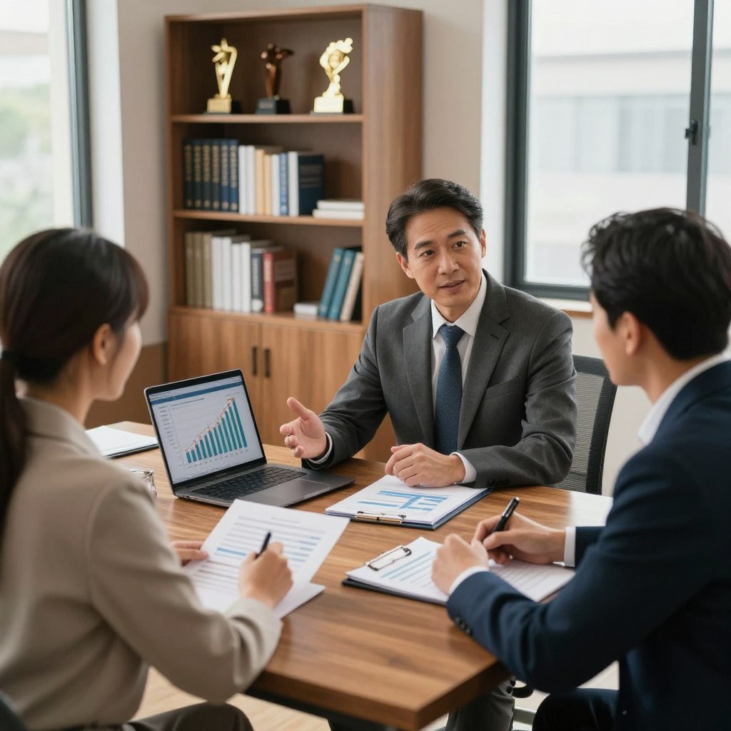 A professional financial advisor meeting with a client in a well-lit office environment. In the foreground, a diverse couple, dressed in smart business attire, are seated at a sleek wooden conference table, reviewing financial documents and charts. The middle ground features a confident financial advisor, a middle-aged individual in a tailored suit, gesturing toward a laptop displaying graphs and performance metrics. In the background, a wall of shelves lined with financial books and awards adds depth to the scene, while a large window allows natural light to filter in, creating a warm and inviting atmosphere. The overall mood is one of collaboration and trust, emphasizing the importance of seeking recommendations in financial advisory services.