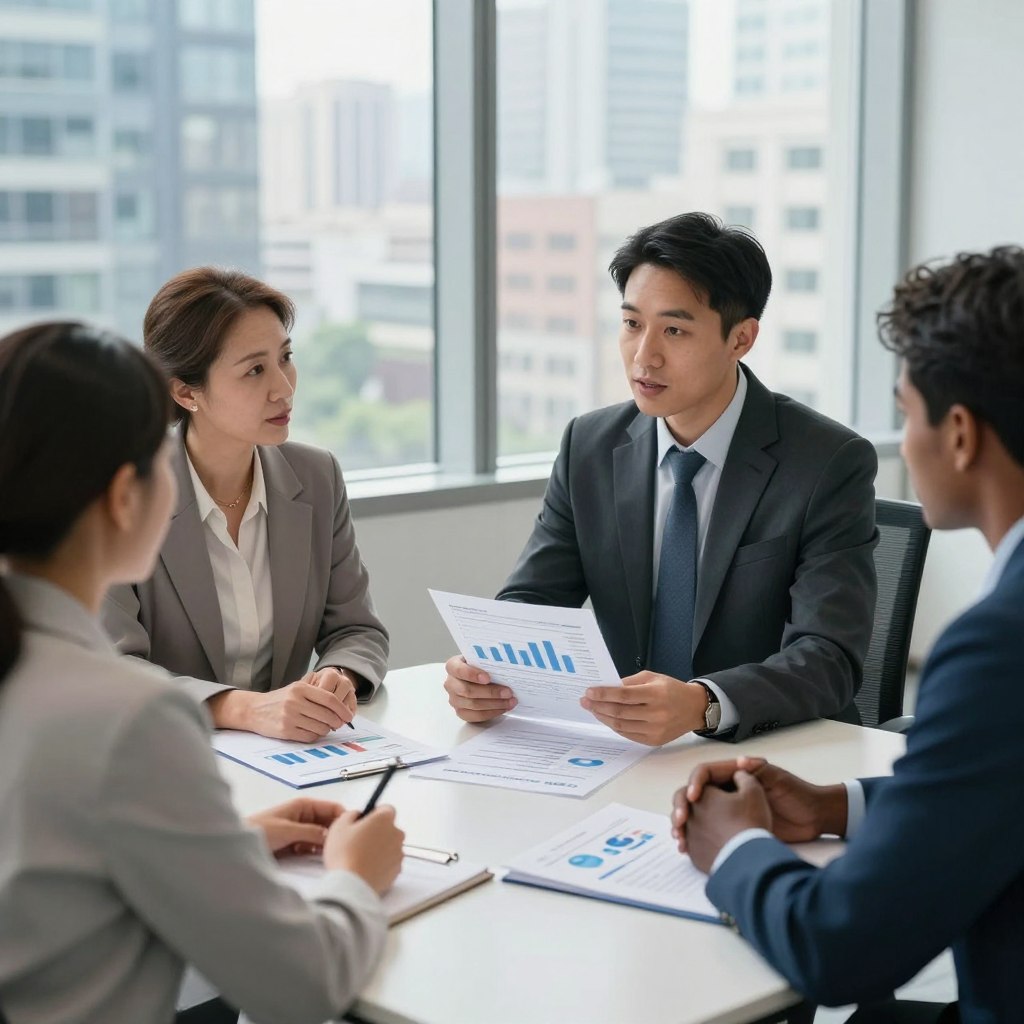 A professional financial advisor meeting with clients in a modern office setting. In the foreground, a diverse group of two clients, a middle-aged Caucasian woman and a young Black man, engage in discussion, looking at charts and documents spread on a sleek conference table. The advisor, an East Asian man in a well-tailored suit, explains details from a transparent financial report. The middle ground features a large window with natural light streaming in, illuminating a backdrop of a bustling cityscape. Soft lighting creates a warm, inviting atmosphere, emphasizing trust and professionalism. The scene is captured from a slightly elevated angle, showcasing the documents clearly while maintaining focus on the engaged expressions of the individuals involved.