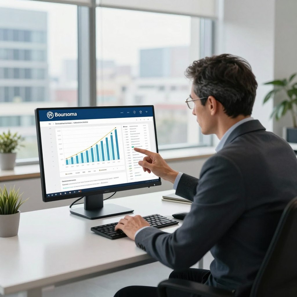 A professional financial advisor seated at a sleek, modern desk in a bright, airy office, analyzing a digital credit simulation on a high-resolution monitor. The advisor, a middle-aged person in business attire, focuses intently on the screen, which displays graphs and figures related to Boursorama's credit offerings. The background features large windows with a view of a bustling cityscape, hinting at a progressive financial environment. Soft, natural light illuminates the room, giving it an inviting atmosphere. The composition is shot from a slightly elevated angle, capturing both the advisor and the intricate details on the screen, emphasizing a sense of trust and professionalism in Boursorama Banque's services.