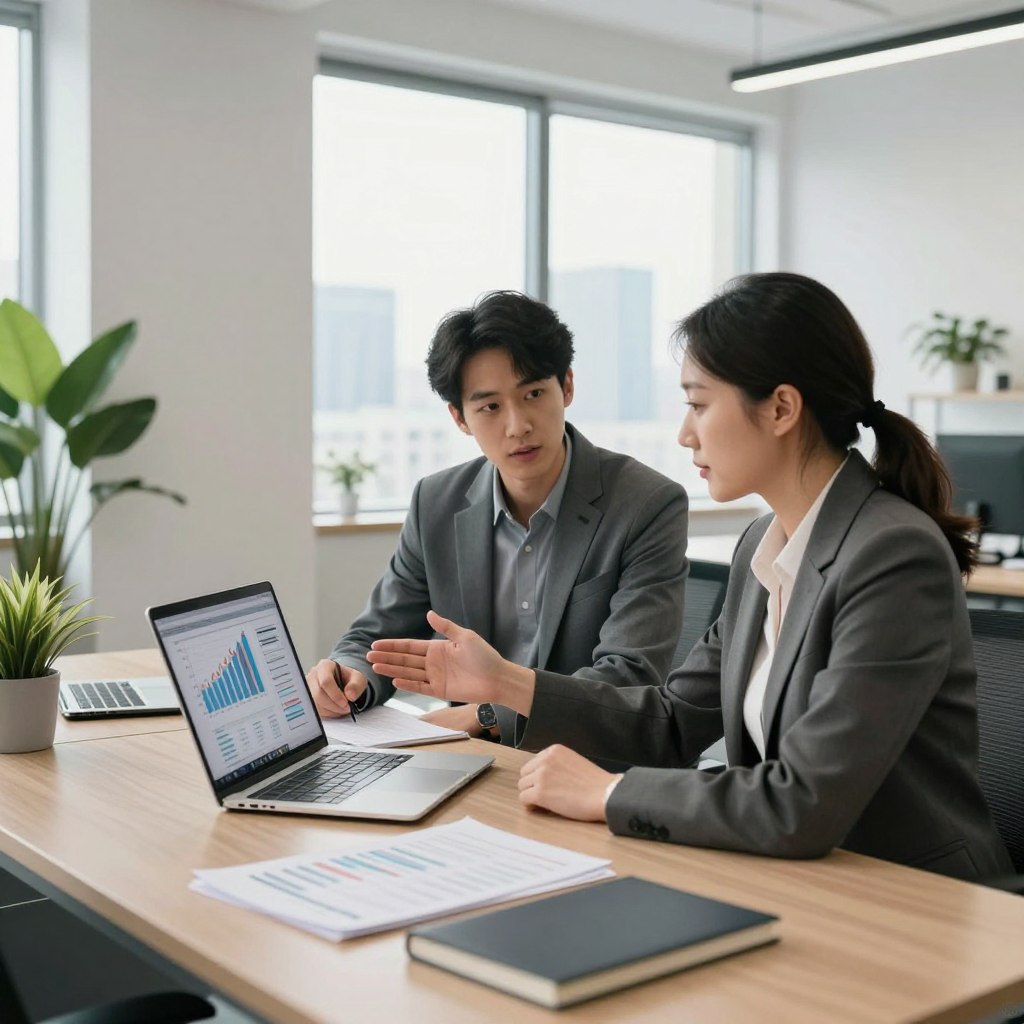 A professional financial advisor working closely with a client in a modern office setting. In the foreground, the advisor, a middle-aged woman in a tailored suit, is gesturing towards a laptop screen displaying graphs and performance metrics. The client, a young man in smart casual attire, is attentively analyzing the data. In the middle ground, a large window allows natural light to flood the room, highlighting a view of a city skyline. The background features minimalist decor with potted plants and a sleek desk. The atmosphere is focused and collaborative, evoking a sense of trust and professionalism. Shot with a wide-angle lens to emphasize the space, capturing warmth and clarity in the lighting.