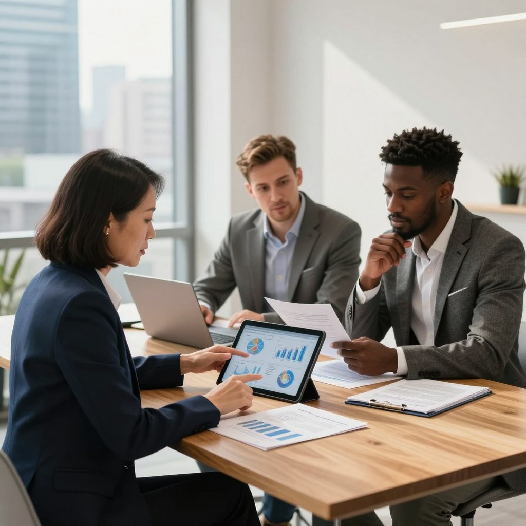A professional financial consulting setting, featuring a diverse group of three financial advisors discussing strategies. In the foreground, a middle-aged Asian female advisor in a sleek navy suit points to a digital tablet displaying various financial graphs. Next to her, a young Black male advisor in a tailored gray suit is thoughtfully examining a document. In the background, a modern office with large windows allowing natural light to stream in, showcasing a view of a bustling cityscape. A minimalist wooden conference table is adorned with laptops and financial reports, conveying a collaborative atmosphere. The lighting is bright yet warm, enhancing the professional ambiance as the advisors engage in serious discussion, focusing on comparing financial services.