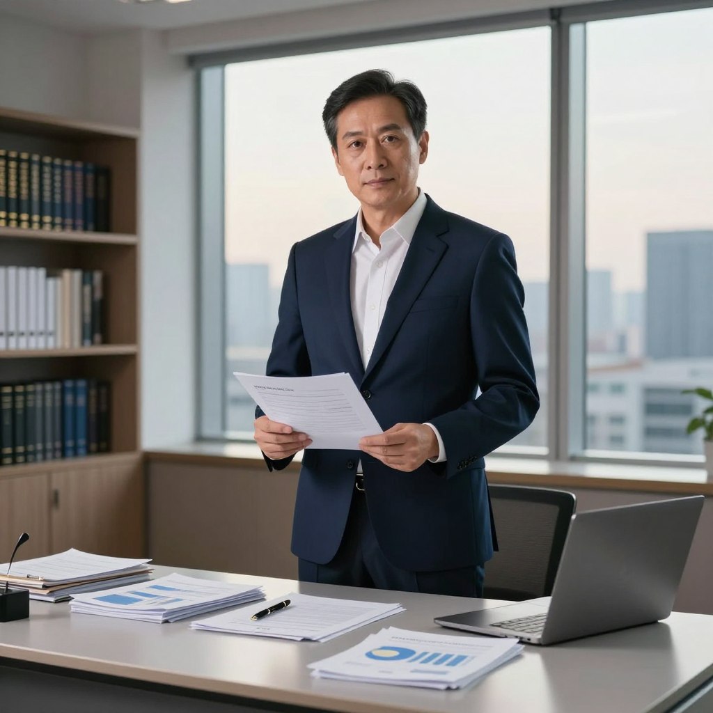 A professional inspector of public finances, standing confidently at a sleek, modern office desk, dressed in a tailored navy suit and a crisp white shirt. The inspector, a middle-aged person with a focused expression, holds financial documents and a laptop displaying graphs. The foreground includes the desk cluttered with organized files and a stylish pen. In the middle ground, a large window reveals a bustling cityscape bathed in warm afternoon light, enhancing the atmosphere of diligence. The background features shelves lined with books on finance and economics, establishing a scholarly ambiance. The image conveys a sense of authority, professionalism, and dedication to public service, with a soft focus on the inspector to emphasize their importance in the role. A professional inspector of public finances, standing confidently at a sleek, modern office desk, dressed in a tailored navy suit and a crisp white shirt. The inspector, a middle-aged person with a focused expression, holds financial documents and a laptop displaying graphs. The foreground includes the desk cluttered with organized files and a stylish pen. In the middle ground, a large window reveals a bustling cityscape bathed in warm afternoon light, enhancing the atmosphere of diligence. The background features shelves lined with books on finance and economics, establishing a scholarly ambiance. The image conveys a sense of authority, professionalism, and dedication to public service, with a soft focus on the inspector to emphasize their importance in the role.