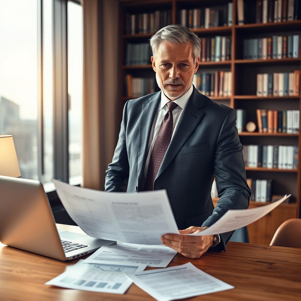 A professional insurance agent in a modern office setting, reviewing documents related to life insurance contracts. The agent, a middle-aged man in a tailored suit, stands confidently at a sleek wooden desk, with a laptop and financial reports in front of him. In the background, shelves filled with books on financial planning and insurance can be seen. Warm, soft lighting illuminates the room, creating a comfortable atmosphere, while a large window showcases a view of a city skyline. The focus is on the agent's thoughtful expression as he explains the crucial role of insurers in life insurance policies, showcasing professionalism and trust. The image should have a shallow depth of field to emphasize the agent while softly blurring the background details.