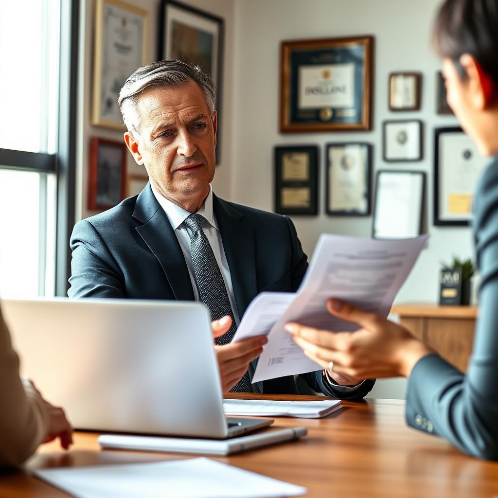 A professional insurance broker in a modern office environment, seated at a sleek wooden desk, reviewing life insurance policies with a laptop open in front of them. The broker, a middle-aged individual dressed in a sharp navy suit and tie, has an expression of focused determination. In the background, framed certificates and awards hang on the walls, displaying expertise and credibility. Soft natural light streams through a large window, illuminating the space and creating a warm, inviting atmosphere. The scene is shot at a slight angle, giving depth to the composition, with the focus on the broker's engaged demeanor as they consult with a client, whose hand gestures imply discussion. The overall mood is professional and reassuring, emphasizing trust and competence in the life insurance field.