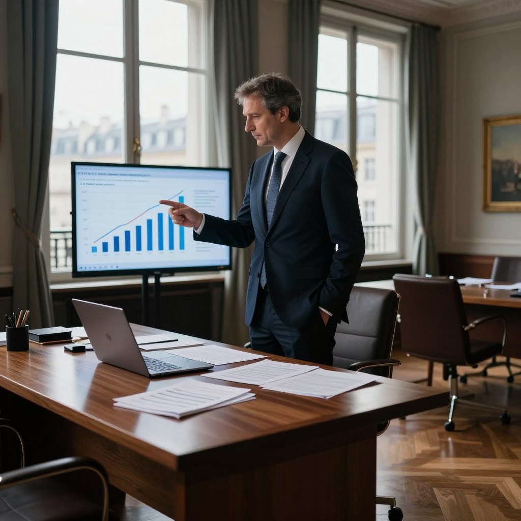 A professional-looking French finance minister standing in an elegant office, exuding authority and focus. The foreground features a large wooden desk with financial documents and a sleek laptop. In the middle ground, the minister, dressed in a tailored suit, is deeply engaged in analyzing fiscal graphs displayed on the screen. The background showcases large windows with a view of Paris, creating a bright atmosphere with soft natural light illuminating the room. Deep shadows contrast on the polished floor, emphasizing the seriousness of the topic of austerity. The mood is intense yet composed, reflecting the weight of economic decisions.