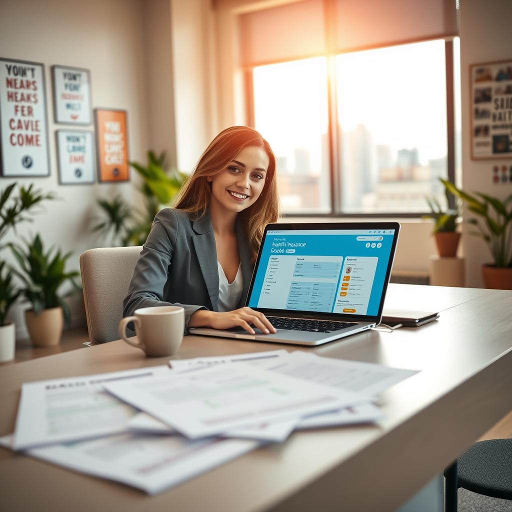 A professional-looking woman sitting at a modern desk with a laptop open in front of her, displaying a colorful online health insurance quote website. In the foreground, there are health documents and a cup of coffee, conveying a sense of a productive work environment. In the middle ground, a large window reveals a sunny cityscape, adding to the atmosphere of a bright, optimistic day. The lighting is warm and inviting, emphasizing the woman's concentration as she reviews the insurance options. The background shows a well-organized office with plants and motivational posters, enhancing the theme of finding the ideal health coverage. The overall mood is professional and focused, suggesting diligence and clarity in navigating health insurance choices.