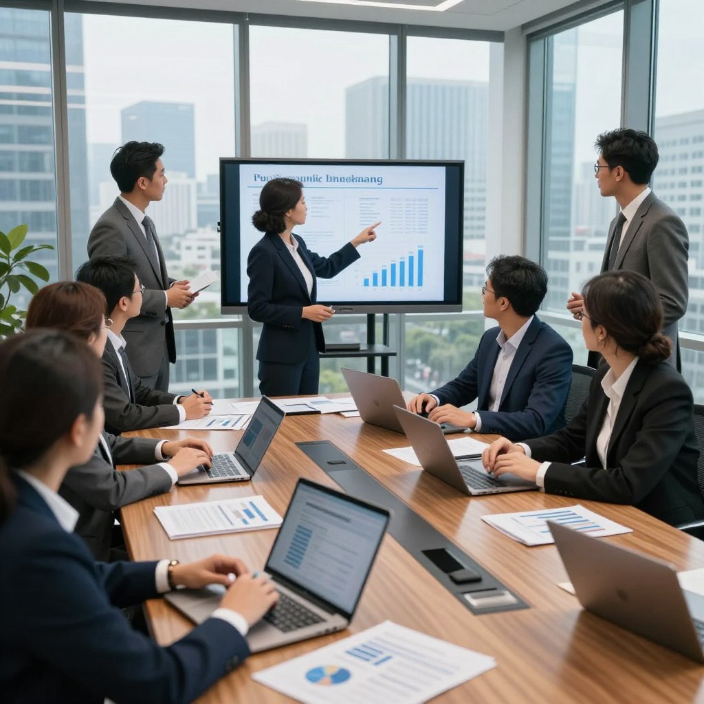 A professional meeting space showcasing public accounting and finance management. In the foreground, a polished wooden conference table with open laptops, charts, and financial reports. In the middle, a diverse group of professionals in business attire engaged in discussion, one pointing at a digital presentation on a large screen. The background features modern glass windows with a city skyline view, emphasizing transparency and progress in public finances. Soft, natural lighting pours in from the windows, creating an inviting atmosphere. A high-angle view captures the dynamic interaction among the team, illustrating collaboration and innovation in public finance management. The image conveys a sense of professionalism, teamwork, and forward-thinking in public accounting.