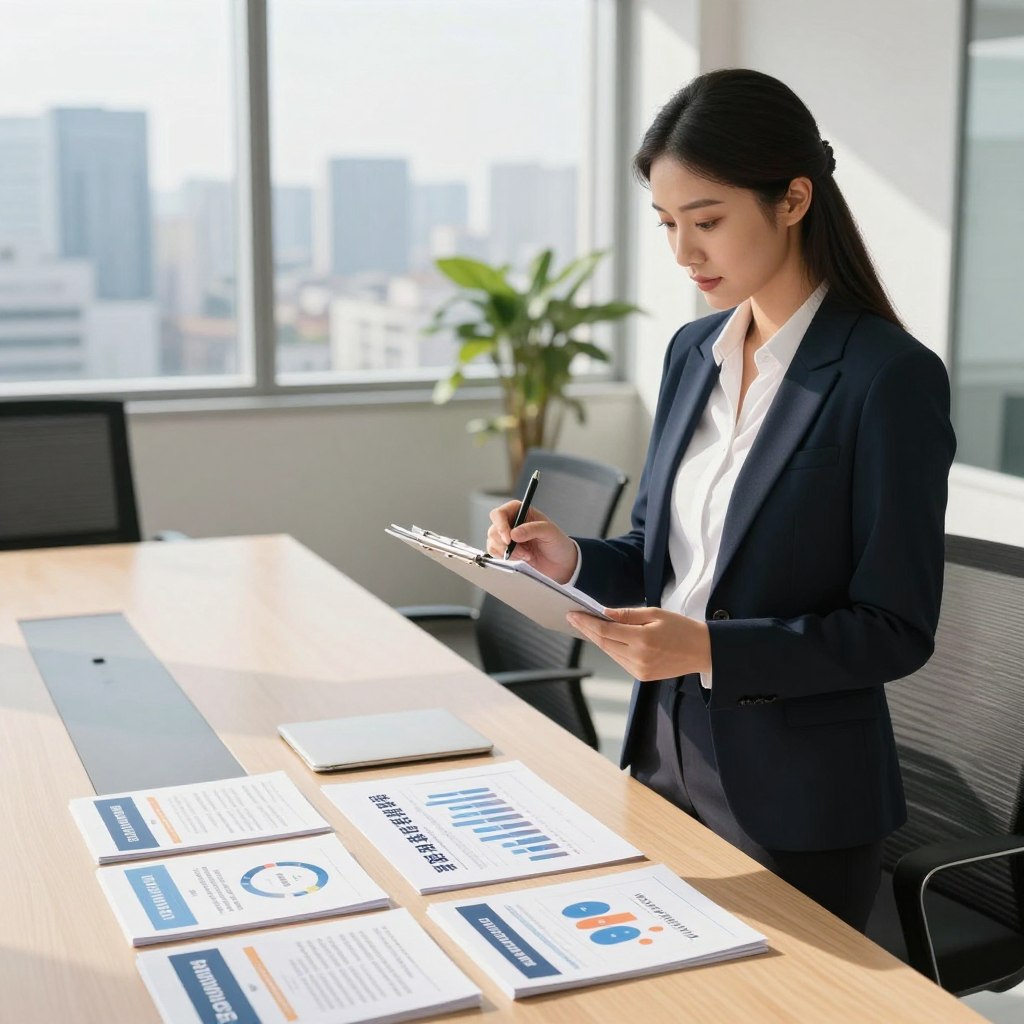 A professional, modern office environment with a bright and inviting atmosphere. In the foreground, a confident businesswoman in professional attire stands with a clipboard, reviewing documents that symbolize insurance guarantees. In the middle, a sleek conference table is laden with insurance brochures and charts that illustrate various coverage options and exclusions. In the background, a large window reveals a city skyline, letting in natural light that creates a warm ambiance. The mood is one of professionalism, clarity, and approachability, evoking trust and understanding in the context of insurance. Soft shadows enhance the depth of the scene, all captured from a slightly elevated angle to emphasize the workspace.