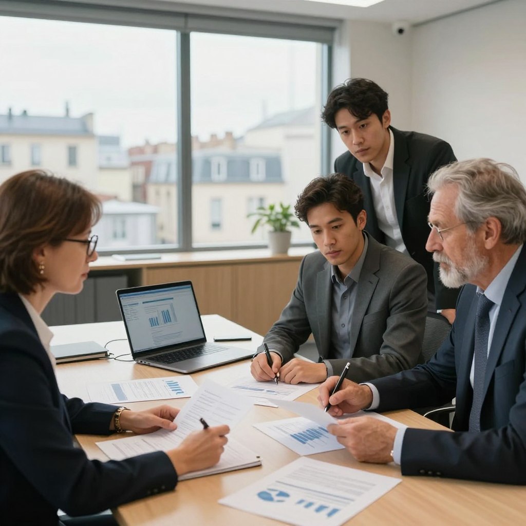 A professional, modern office setting in Nantes, France, depicting a meeting room where individuals are handling fiscal disputes. In the foreground, a diverse group of three people in professional business attire – a middle-aged woman with glasses, a young man with short hair, and a senior gentleman with a gray beard – engaged in a serious discussion over paperwork and a laptop, displaying expressions of focus and determination. In the middle, a large conference table is filled with documents, a laptop, and financial charts. The background showcases a large window with natural light flooding in, revealing a view of Nantes’ cityscape. The scene conveys a collaborative and serious atmosphere, emphasizing the importance of resolving tax disputes. The lighting is bright yet soft, with a warm color tone that reflects professionalism.