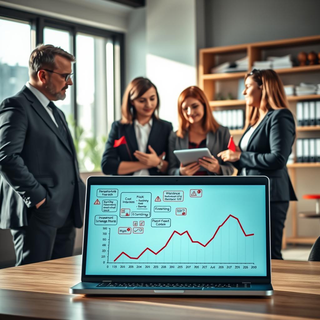 A professional, modern office setting showcasing common mistakes to avoid in life insurance investment. In the foreground, a diverse group of three people in business attire (a man in a suit, a woman in a blazer, and a person with a tablet) discussing a complex chart filled with red flags and warning symbols that indicate poor investment choices. In the middle ground, an open laptop displays an investment performance graph with a downward trend. The background includes shelves with financial books and a large window allowing natural light to flood the room, casting soft shadows. The atmosphere is serious yet collaborative, emphasizing the importance of making informed decisions in investments. The lighting is bright and professional, with a focus on clarity and detail.