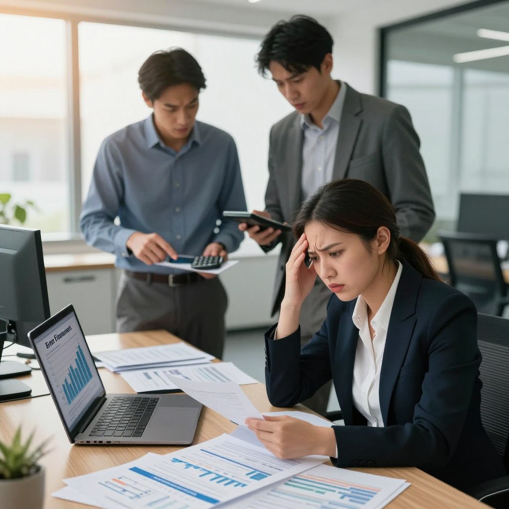 A professional office environment depicting the concept of "Erreur Financement." In the foreground, a frustrated businesswoman in professional attire, looking at a table filled with scattered financial documents and a laptop displaying alarming graphs. Her expression conveys concern and confusion. In the middle ground, two colleagues standing nearby, one pointing to a document while the other holds a calculator, illustrating collaboration amidst stress. The background features a modern office with large windows letting in soft natural light, casting a warm glow. The atmosphere should evoke tension and urgency, with a focus on the theme of financial mistakes. The angle is slightly overhead, showcasing both the chaotic desk and the engaged team dynamic, inspiring viewers to be cautious about financing decisions.