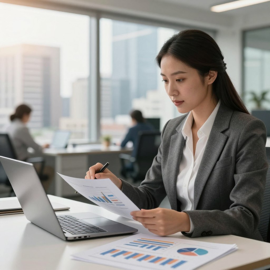 A professional office environment featuring a confident businesswoman in a smart suit, analyzing financial documents and statistics on a laptop. In the foreground, she is sitting at a modern desk filled with charts and graphs, symbolizing financial stability and growth. The middle layer shows a large window overlooking a cityscape, filled with skyscrapers, implying a thriving financial district. The background is softly blurred to keep focus on the subject while still displaying elements of a busy workplace. The lighting is warm and inviting, creating a sense of optimism and assurance. The mood is professional yet approachable, reflecting the importance of financial protection and confidence in managing one’s finances.