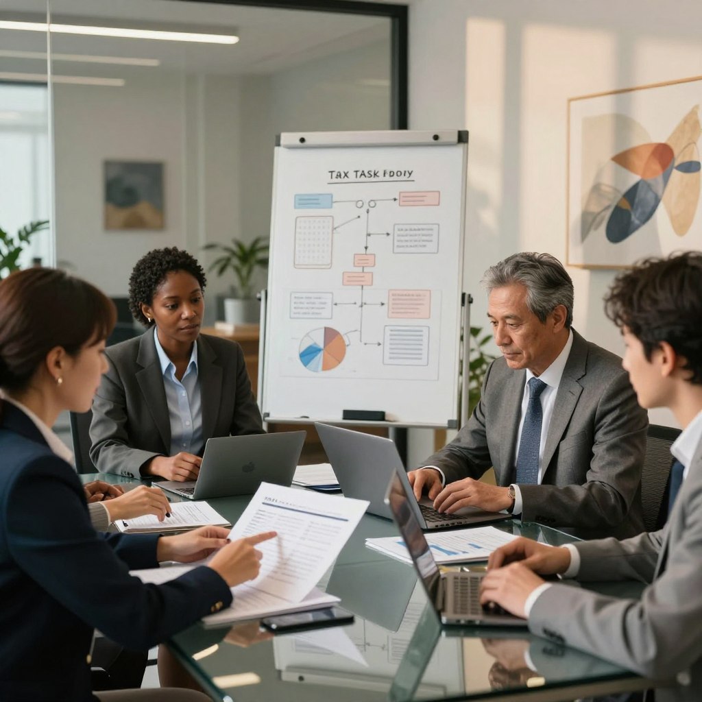 A professional office environment showcasing a diverse group of business professionals engaged in a discussion about taxes and finance. In the foreground, a woman in business attire is pointing at financial documents spread across a sleek glass conference table, while a middle-aged man in a tailored suit is reviewing graphs on a laptop. In the middle ground, a whiteboard filled with tax-related diagrams and flowcharts is visible, reflecting complex fiscal concepts. The background features modern office decor with soft-focus workspace elements, like plants and abstract art, creating a warm yet serious atmosphere. Soft, natural lighting filters in from large windows, casting subtle shadows, adding depth to the scene, which conveys an inviting yet focused mood suitable for financial discussions.