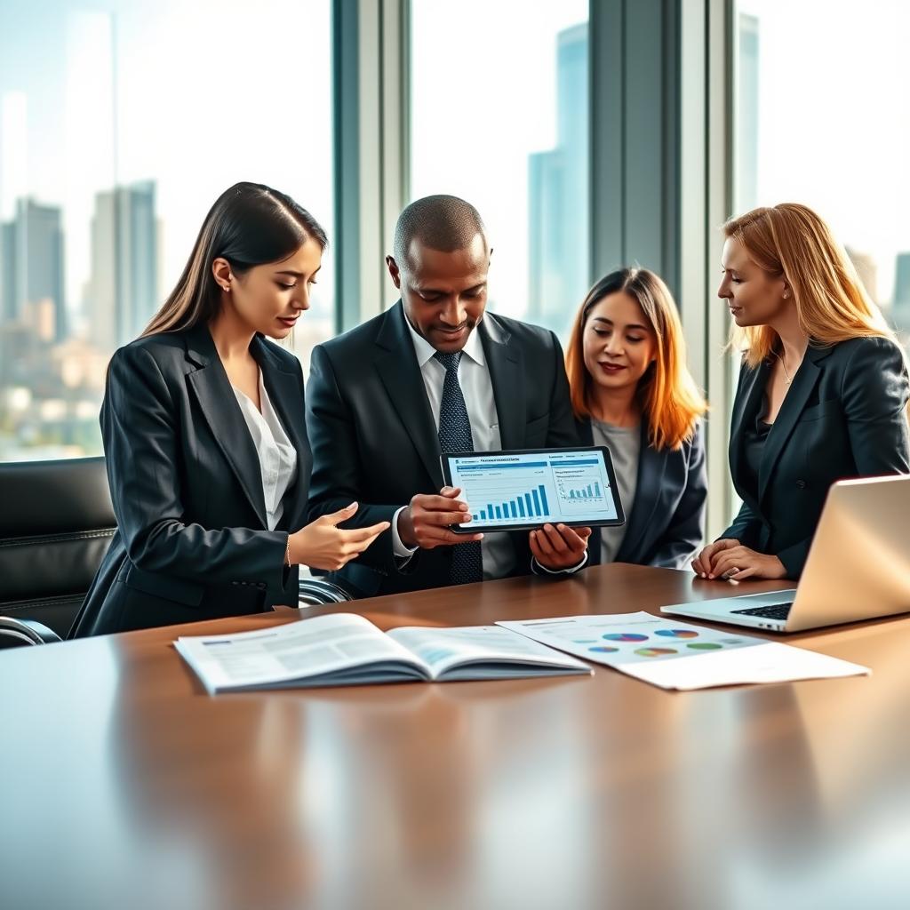 A professional office environment showcasing a diverse group of expatriates discussing health insurance costs. In the foreground, three individuals in business attire—one woman of Asian descent, one man of African descent, and one woman of Caucasian descent—are gathered around a tablet displaying graphs and charts on healthcare expenses. In the middle ground, a sleek conference table is adorned with insightful reports and a laptop. The background features a modern city skyline visible through large windows, symbolizing globalization and opportunity. Soft, natural lighting filters into the room, creating a warm and inviting atmosphere. The angle is slightly elevated, capturing the collaborative mood as they engage thoughtfully in their discussion about the costs of expatriate health insurance.