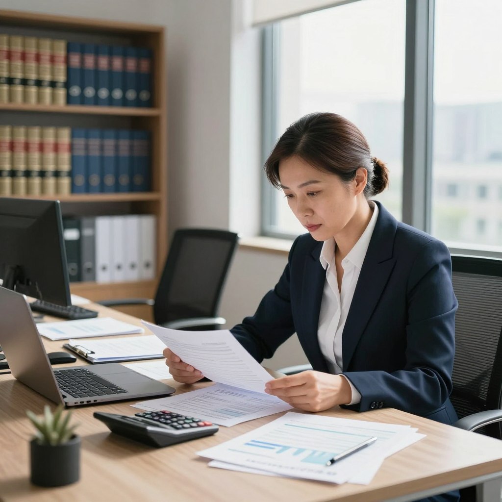 A professional office scene depicting a public finance controller in action. In the foreground, a middle-aged woman in formal business attire, reviewing financial documents with focus and determination, illuminated by bright natural lighting from a large window. In the middle ground, a modern office desk cluttered with reports, a laptop, and a financial calculator, conveying a sense of productivity. In the background, shelves filled with financial law books and a cityscape view through the window, suggesting the importance of the role. The atmosphere is serious yet inspiring, reflecting the challenges and opportunities available after passing the competitive exam for this career. Capture a sense of professionalism and dedication throughout the scene, with a balanced composition that draws the viewer’s eye to the subject.