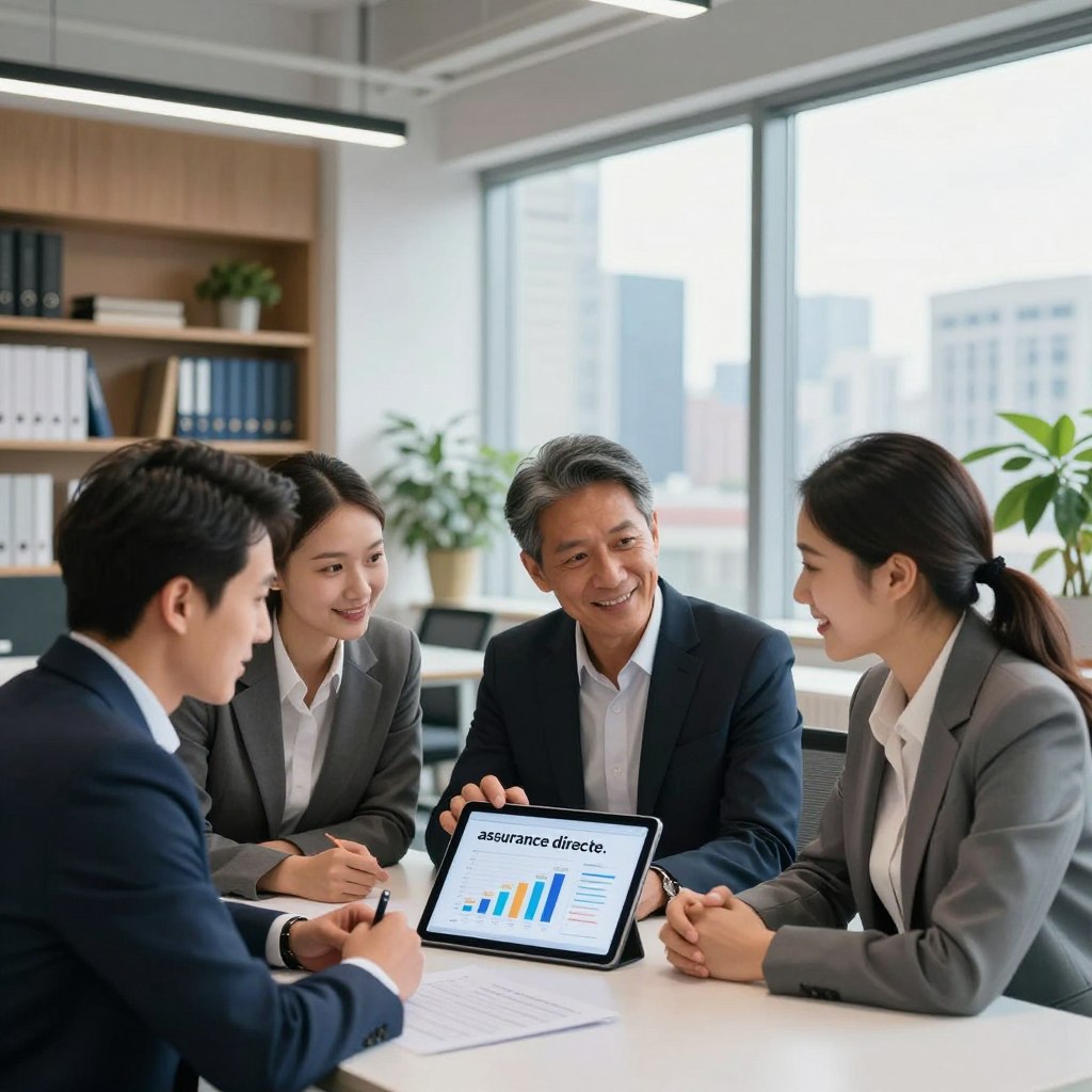 A professional office scene illustrating the concept of “assurance directe.” In the foreground, a diverse group of three business professionals, dressed in sharp business attire, are engaged in a discussion over a digital tablet displaying insurance graphs. The middle layer features a sleek modern office with large windows overlooking a city skyline, allowing natural light to flood the space. In the background, shelves filled with insurance-related books and plants add a touch of warmth and professionalism. The mood is confident and optimistic, reflecting the innovative trends in the direct insurance market. Use bright, well-distributed lighting to create a positive atmosphere, and a slight depth of field to emphasize the subjects in focus.