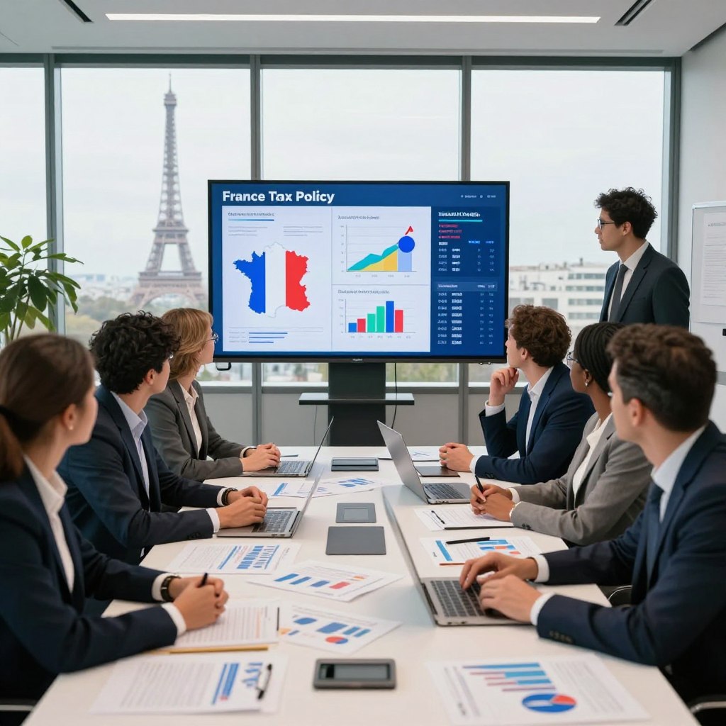 A professional office setting depicting fiscal policy in France. In the foreground, a diverse group of business professionals, including men and women dressed in smart business attire, are engaged in a lively discussion around a large conference table covered with financial reports and charts. In the middle, a large digital screen displays animated graphs and statistics related to France’s tax policy, highlighted in vibrant colors. The background features a modern office with large windows allowing natural light to pour in, showcasing a view of Paris, including the Eiffel Tower. The atmosphere is focused and collaborative, with papers and laptops scattered across the table, capturing the essence of dynamic financial planning and strategy. The lighting is bright and professional, enhancing the productivity vibe of the scene.