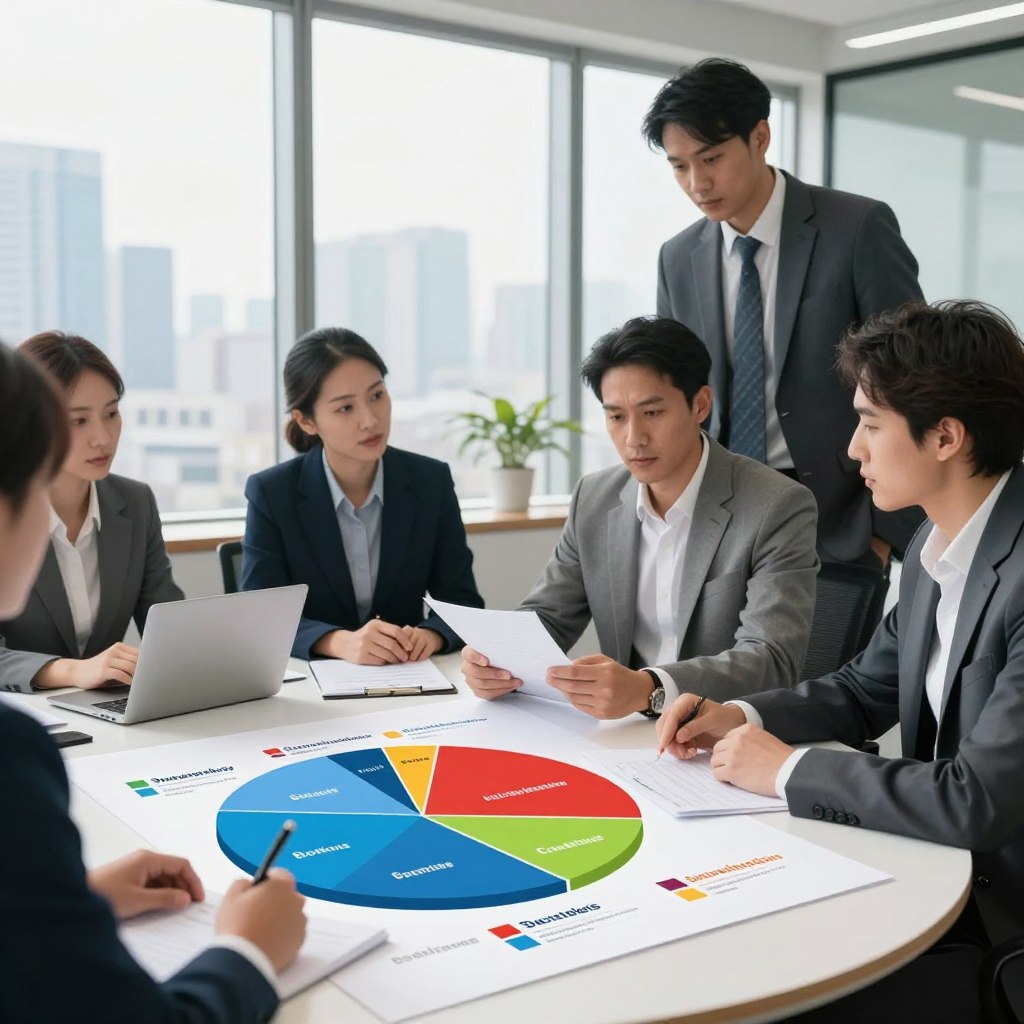 A professional office setting featuring a collaborative workspace where diverse investors, dressed in business attire, analyze various investment options. In the foreground, a round table showcases a colorful portfolio pie chart divided into segments for stocks, bonds, real estate, and alternative investments. In the middle ground, a group of three investors, two men and one woman, engaged in discussion, with papers and laptops open, look thoughtfully at the chart. The background includes a sleek window with a city skyline, soft natural light streaming in, creating a bright and inspiring atmosphere. The overall mood is focused and strategic, emphasizing the importance of diversification in investment portfolios.