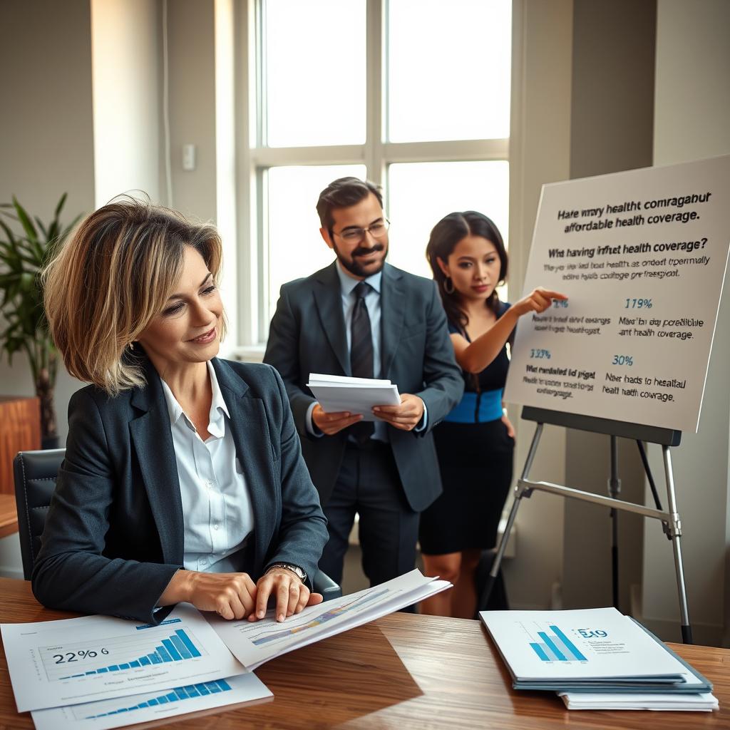 A professional office setting featuring a diverse group of individuals discussing health insurance reimbursement. In the foreground, a middle-aged woman in business attire is reviewing documents, with charts illustrating healthcare costs visible on her desk. The middle layer includes a man in a suit making notes on a notepad, while a younger woman in smart casual attire is pointing at a presentation board displaying positive statistics about complementary health coverage. The background shows a window with natural light pouring in, casting a warm glow over the scene. The atmosphere is collaborative and optimistic, emphasizing the advantages of having affordable health coverage. The image should focus on the interactions between the people while maintaining a professional environment.