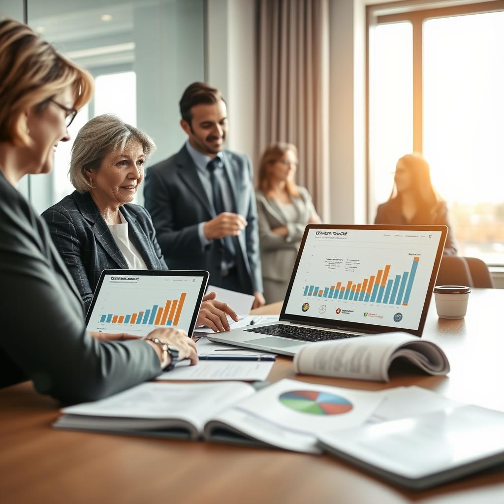 A professional office setting featuring a diverse group of individuals engaged in a discussion about retirement insurance options. In the foreground, a middle-aged woman in business attire looks thoughtfully at a laptop displaying graphs comparing different insurance providers, while a younger man in a smart casual outfit points at the screen, contributing to the conversation. In the middle ground, several documents and brochures are spread across a conference table, showcasing various insurance offers. The background includes a large window with natural light streaming in, casting a warm glow over the scene. Soft focus on the background adds depth to the image, enhancing the mood of focus and collaboration in financial planning. The overall atmosphere is one of professionalism and constructive dialogue.