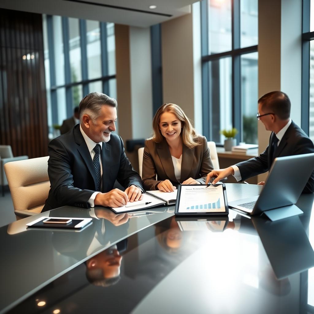 A professional office setting featuring a middle-aged couple, warmly engaged in discussion with a financial advisor at a sleek conference table. The couple, dressed in smart business attire, appears focused and attentive as they review documents pertaining to life insurance beneficiaries. The advisor, also in a formal attire, points to a chart on a tablet, highlighting the importance of designating beneficiaries. In the background, a modern office showcases elegant decor, soft natural light streaming through large windows, casting a warm glow. The atmosphere conveys a sense of trust and responsibility, reflecting the seriousness of managing life insurance in the context of inheritance planning. The image should be captured from a slight angle to provide depth, emphasizing the interaction among the individuals while maintaining a professional, respectful tone. A professional office setting featuring a middle-aged couple, warmly engaged in discussion with a financial advisor at a sleek conference table. The couple, dressed in smart business attire, appears focused and attentive as they review documents pertaining to life insurance beneficiaries. The advisor, also in a formal attire, points to a chart on a tablet, highlighting the importance of designating beneficiaries. In the background, a modern office showcases elegant decor, soft natural light streaming through large windows, casting a warm glow. The atmosphere conveys a sense of trust and responsibility, reflecting the seriousness of managing life insurance in the context of inheritance planning. The image should be captured from a slight angle to provide depth, emphasizing the interaction among the individuals while maintaining a professional, respectful tone.