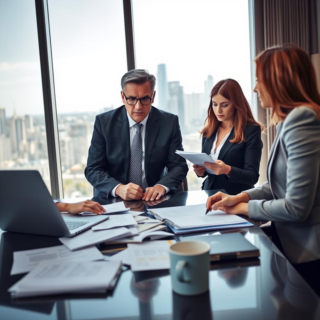 A professional office setting showcasing a heated discussion between two individuals in business attire, representing a dispute over health insurance claims. In the foreground, a sleek table cluttered with documents, a laptop, and a coffee cup, suggesting an active negotiation. The middle ground features the two main characters: one, a middle-aged man with glasses looking assertive, and the other, a younger woman with a notepad, appearing concerned yet determined. In the background, a large window reveals a city skyline, with daylight streaming in, creating a contrast between the tension of the meeting and the bright, optimistic atmosphere outside. The overall mood is serious and focused, emphasizing the importance of navigating legal disputes in health insurance abroad.