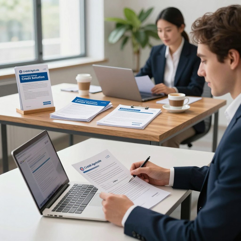 A professional office setting showcasing a modern workspace dedicated to financial solutions. In the foreground, a person in smart business attire is sitting at a sleek desk, reviewing loan documents on a laptop, with a focused and confident expression. The middle layer features a polished wooden table displaying brochures and pamphlets about Crédit Agricole credit solutions, along with a coffee cup to enhance the warm, inviting atmosphere. The background shows a large window with natural light streaming in, illuminating a green plant to add a touch of nature. The overall mood is professional and optimistic, symbolizing accessibility and support in financial planning. The lighting is soft yet bright, creating a welcoming environment conducive to discussing credit solutions.