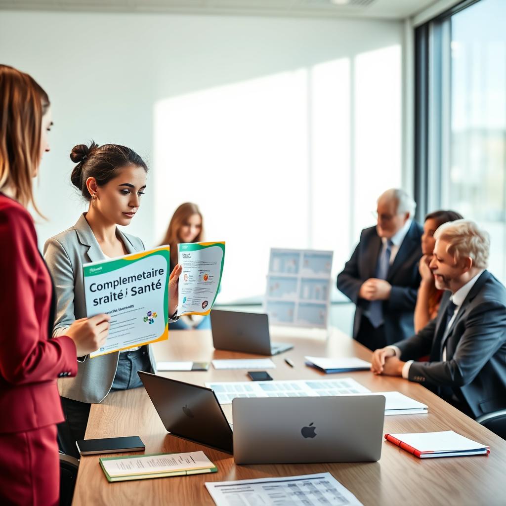 A professional office setting, with a diverse group of individuals discussing health insurance options. In the foreground, a young woman in smart business attire is pointing at a colorful flyer titled "Complémentaire Santé," while an older man, wearing a suit, listens intently. In the middle, a sleek conference table is filled with notebooks, a laptop, and charts displaying various health coverage plans. The background features a large window with soft natural light streaming in, casting a warm glow over the scene. The mood is focused and engaging, embodying a collaborative atmosphere. The image composition should capture a sense of professionalism and inclusivity, showcasing the thoughtful approach to selecting health insurance.