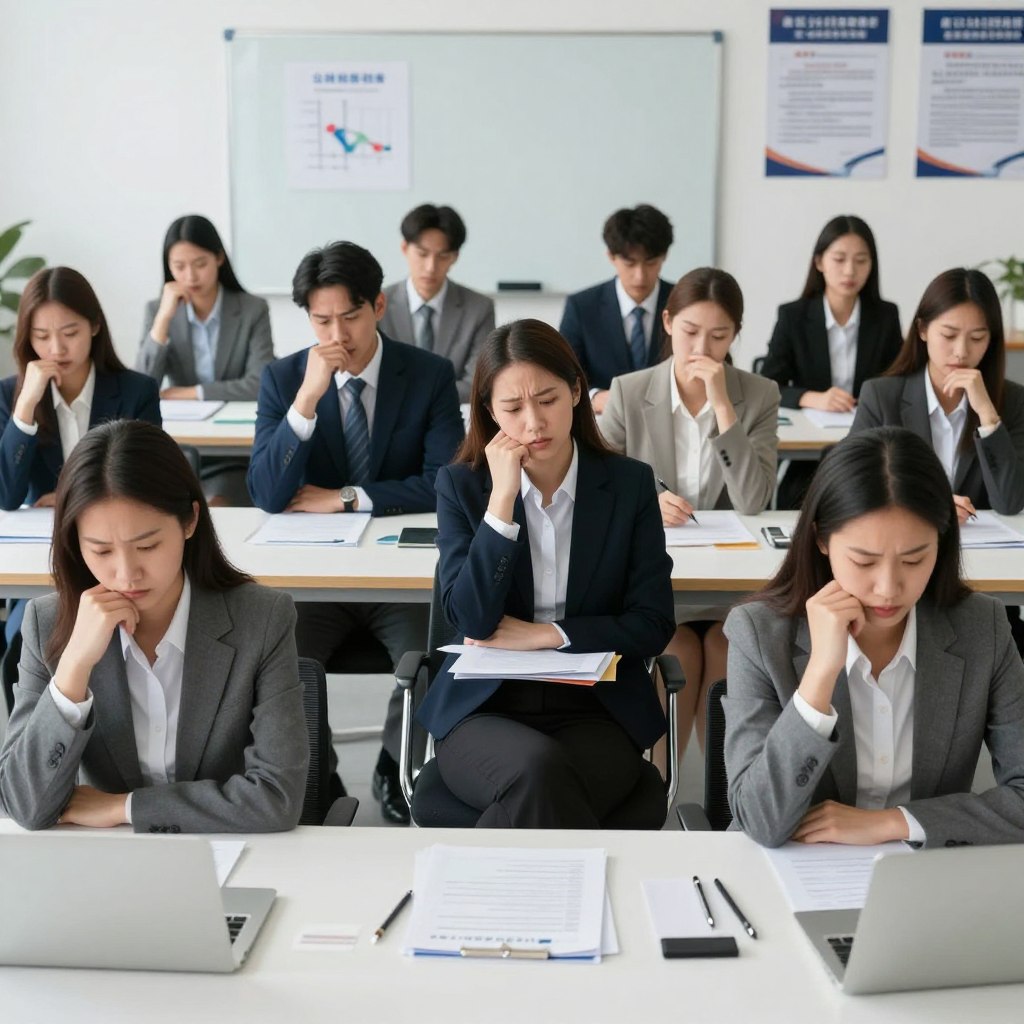 A professional scene depicting a group of candidates gathered in a modern, well-lit examination room, expressing a mix of anticipation and anxiety after taking their public finance inspector examination. In the foreground, a diverse group of candidates in professional business attire—men and women of various ethnicities—conveying their reactions through body language and facial expressions. The middle ground features a large table cluttered with papers, pens, and laptops, suggesting a serious testing environment. The background includes a whiteboard with performance charts and motivational posters about public service. Soft diffused lighting enhances the mood of reflection and determination, shot from a slightly elevated angle to capture the entire scene. The overall atmosphere should be one of professionalism and hope for the future.