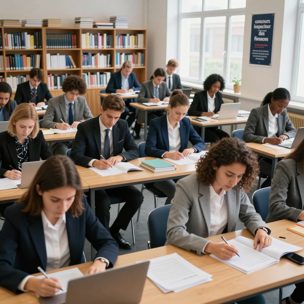 A professional scene depicting the interior of a high-stakes examination room filled with candidates preparing for the "concours inspecteur des finances." In the foreground, a diverse group of individuals, both men and women, dressed in smart business attire, intensely focused on their papers and laptops as they study. The middle ground features rows of wooden desks with study materials like notebooks and textbooks scattered about. Soft, natural lighting filters in through large windows, creating a calm yet tense atmosphere. In the background, bookshelves stacked with finance-related literature provide context, while motivational posters highlight the importance of public finance. The angle is slightly overhead, capturing the concentration and determination on the candidates' faces. The mood is serious and dedicated, reflecting the significance of the examination.