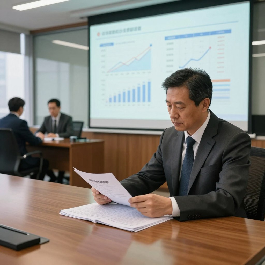 A professional setting capturing the results of a public finance inspector exam. In the foreground, a well-dressed official, a middle-aged man in a tailored suit, is examining a stack of detailed reports on a polished wooden desk, looking thoughtful. In the middle ground, a large projection screen displays various graphs and statistics related to the exam results, illustrating trends and insights. The background features an office with glass walls, showing a bustling environment of other professionals engaged in discussions. Soft, natural lighting filters through the windows, creating a warm and inviting atmosphere. The angle is slightly elevated, giving a comprehensive view of the scene, emphasizing the reflective nature of interpreting performance results in a meticulous manner. A professional setting capturing the results of a public finance inspector exam. In the foreground, a well-dressed official, a middle-aged man in a tailored suit, is examining a stack of detailed reports on a polished wooden desk, looking thoughtful. In the middle ground, a large projection screen displays various graphs and statistics related to the exam results, illustrating trends and insights. The background features an office with glass walls, showing a bustling environment of other professionals engaged in discussions. Soft, natural lighting filters through the windows, creating a warm and inviting atmosphere. The angle is slightly elevated, giving a comprehensive view of the scene, emphasizing the reflective nature of interpreting performance results in a meticulous manner.
