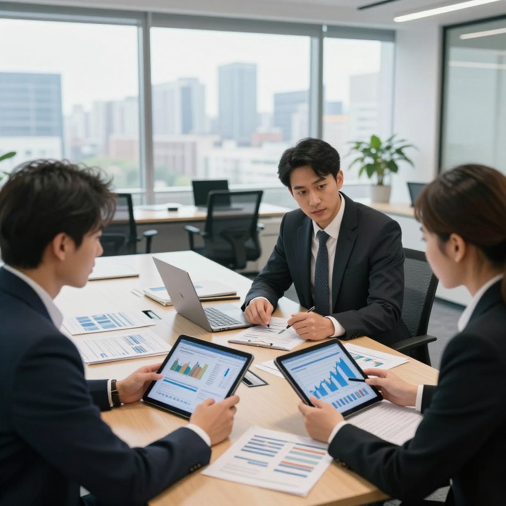A professional setting conveying an in-depth performance evaluation of financial funds. In the foreground, a diverse group of three professionals in business attire (a man and two women) engaged in a discussion while analyzing digital tablets displaying financial graphs and charts. In the middle, an office space furnished with a modern conference table, laptops, and financial documents scattered about. The background features large windows with a view of a city skyline, allowing natural light to flood the room, creating a bright and focused atmosphere. The overall mood is analytical and serious, emphasizing the importance of evaluating financial options carefully. Capture the scene with a wide-angle lens, ensuring clarity on all elements while maintaining a professional ambiance.