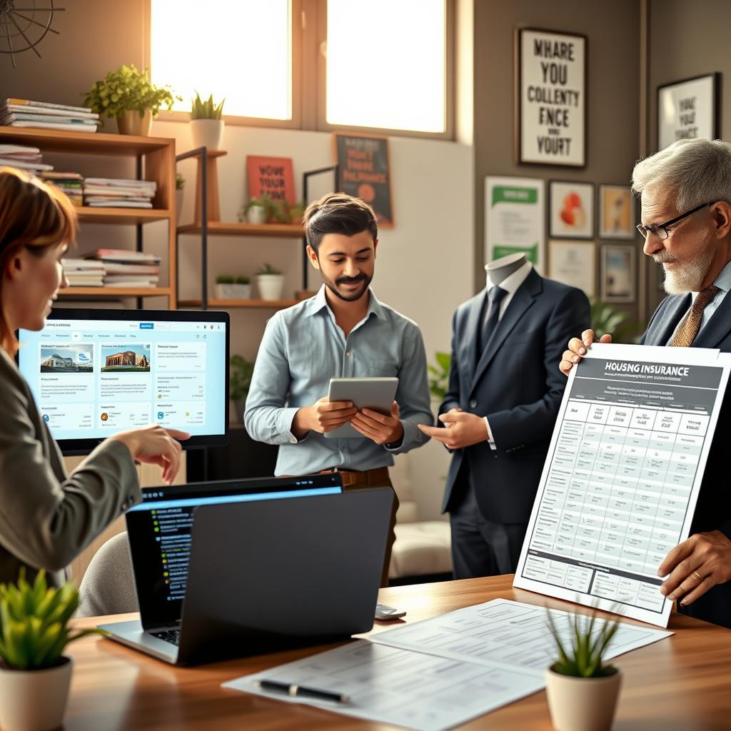 A professional setting depicting a modern office with three diverse individuals engaged in a discussion about housing insurance comparison. In the foreground, a middle-aged woman in business attire points at a laptop screen displaying various online insurance quotes. In the middle ground, a young man in smart casual clothing takes notes on a tablet, while an older gentleman in a suit gestures towards a large printed chart of insurance plans. The background features a well-organized workspace with shelves of documents, potted plants, and motivational posters, all illuminated by warm, natural light pouring through a window. The mood is collaborative and focused, conveying a sense of professionalism and diligence in navigating housing insurance options.