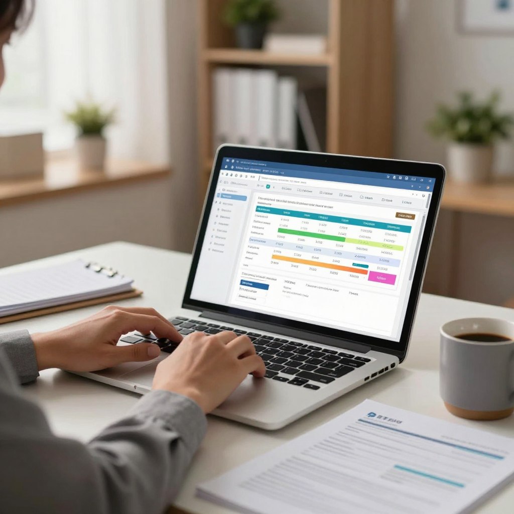 A professional setting depicting a person in business attire, sitting at a well-organized desk focused on a sleek laptop screen displaying a digital dashboard related to tax declaration status. The foreground features a close-up of the individual's hands typing, with tax documents neatly arranged and a coffee mug beside them. The middle ground showcases the glowing laptop screen with colorful graphs and updates about their tax declaration. The background is softly blurred, revealing a well-lit office with bookshelves and office plants, creating a calm and productive atmosphere. The lighting is warm and inviting, suggesting a late afternoon ambiance. The overall mood conveys professionalism and diligence in tracking tax declaration progress.