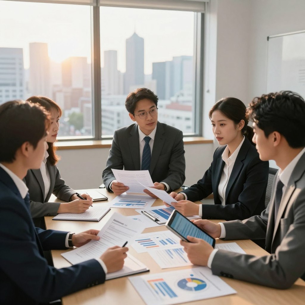 A professional setting depicting a public finance management meeting. In the foreground, a diverse group of three individuals in smart business attire—two men and one woman—engaged in a collaborative discussion with documents and digital tablets in hand. The middle ground features a large conference table surrounded by financial charts and reports, emphasizing the theme of ethics and professionalism in public finance. In the background, a window reveals a city skyline bathed in warm afternoon sunlight, casting a soft glow over the room. The atmosphere is one of focus and integrity, highlighting a commitment to ethical standards in finance. The scene is well-lit with natural light, resembling a mid-range lens perspective to create depth.