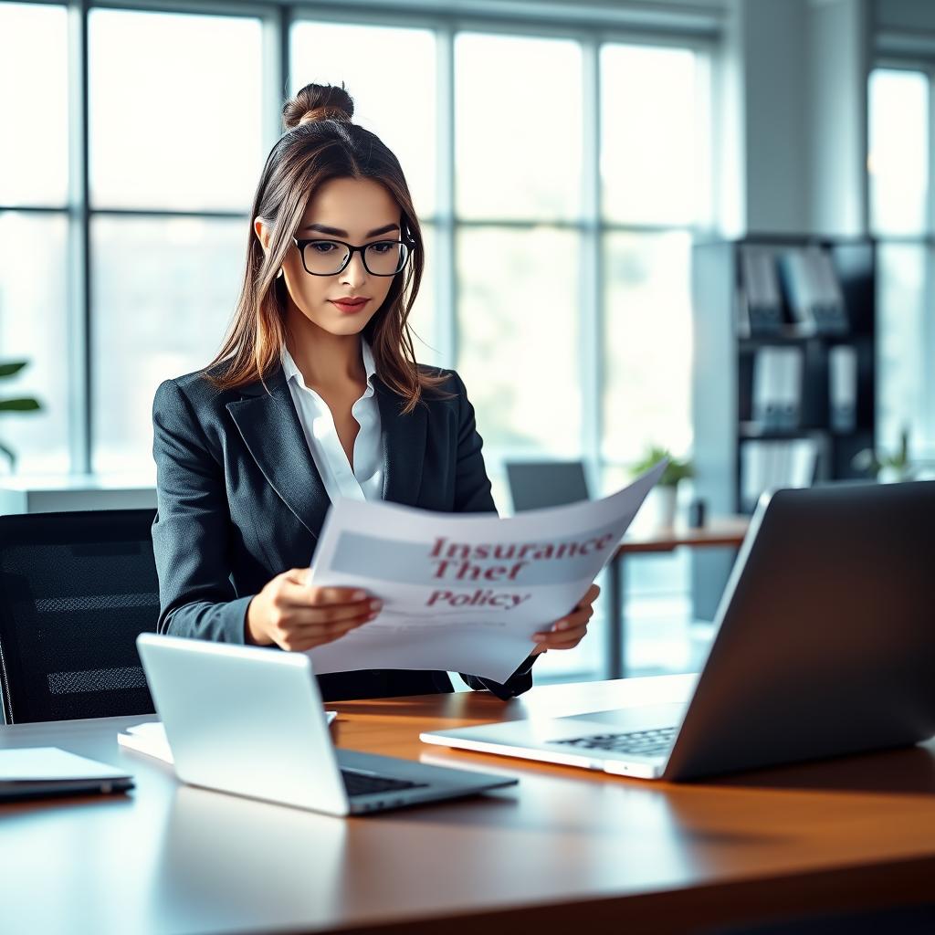 A professional setting depicting a serene office environment focused on the theme of theft insurance. In the foreground, a confident businesswoman in a smart professional outfit is reviewing an insurance policy document at her desk, showcasing a look of assurance and focus. In the middle ground, a modern, stylish office filled with neatly organized files and a sleek laptop, symbolizing organization and protection. The background shows a large window with soft, natural daylight filtering through, creating a warm and inviting atmosphere. The color palette features calming blues and greens, enhancing the mood of security and confidence. Soft shadows play around the desk, emphasizing the professional ambiance. The image captures the essence of reliability and the importance of theft insurance without any distractions.