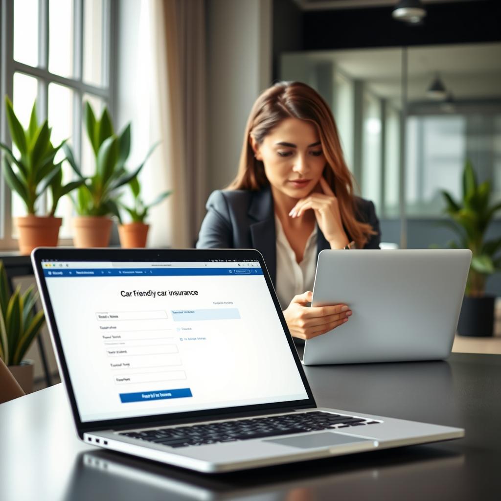 A professional setting depicting an online car insurance application on a sleek laptop. In the foreground, show the laptop's screen with a user-friendly insurance quote form displayed. In the middle, a well-dressed business professional, a woman, engages with the laptop, looking thoughtfully at the screen, demonstrating concentration and care. The background features a modern office environment with a stylish desk, potted plants, and soft natural lighting coming through a nearby window, creating a calm and focused atmosphere. The overall mood should convey a sense of diligence and caution, illustrating the importance of avoiding common mistakes in the online insurance quoting process.