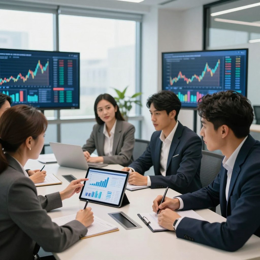 A professional setting focused on problem-solving with a diverse group of individuals gathered around a modern conference table. In the foreground, a middle-aged woman in business attire gestures towards a digital tablet, displaying graphs and financial reports. To her right, a young man, also dressed in business attire, takes notes while attentively listening. The middle ground shows a stylish office with large windows allowing natural light to illuminate the room, enhancing the atmosphere of collaboration. In the background, large screens display abstract graphs representing data analysis, emphasizing the theme of financial management. The overall mood is one of focus and determination, combined with a sense of teamwork and professionalism, captured from a slightly elevated angle to showcase the room dynamics. A professional setting focused on problem-solving with a diverse group of individuals gathered around a modern conference table. In the foreground, a middle-aged woman in business attire gestures towards a digital tablet, displaying graphs and financial reports. To her right, a young man, also dressed in business attire, takes notes while attentively listening. The middle ground shows a stylish office with large windows allowing natural light to illuminate the room, enhancing the atmosphere of collaboration. In the background, large screens display abstract graphs representing data analysis, emphasizing the theme of financial management. The overall mood is one of focus and determination, combined with a sense of teamwork and professionalism, captured from a slightly elevated angle to showcase the room dynamics.