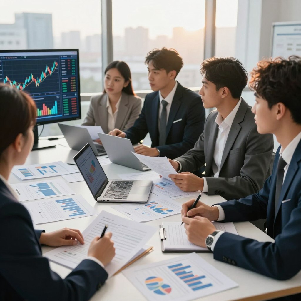 A professional setting focusing on portfolio management, featuring a diverse group of business professionals in smart attire engaged in a discussion around a large table filled with charts, graphs, and financial reports. In the foreground, a woman points at a digital presentation screen displaying fluctuating stock graphs and performance metrics. The middle ground showcases men and women thoughtfully analyzing documents and communicating, with laptops open, reflecting teamwork. The background features a large window with a city skyline view, bathed in warm afternoon sunlight, creating an optimistic and focused atmosphere. Capture this scene with a shallow depth of field to highlight the interactions, using soft lighting to convey professionalism and collaboration.