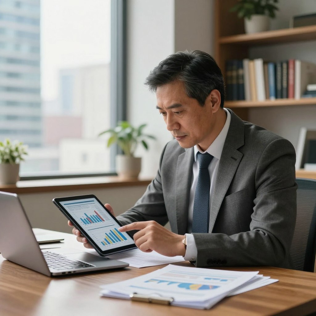 A professional setting showcasing a financial analyst evaluating assets. In the foreground, a middle-aged man in a tailored suit is attentively studying a digital tablet filled with graphs and charts. He has a focused expression and is seated at a sleek wooden desk, cluttered with financial documents and a laptop. The middle ground features a large window with natural light streaming in, illuminating the room filled with modern decor and bookshelves lined with finance literature. In the background, city skyscrapers are subtly blurred, suggesting a bustling financial district. The atmosphere is serious yet motivating, reflecting the importance of investment assessment. Use soft, warm lighting to give a professional yet inviting feel, with a slight depth of field effect to enhance focus on the analyst.